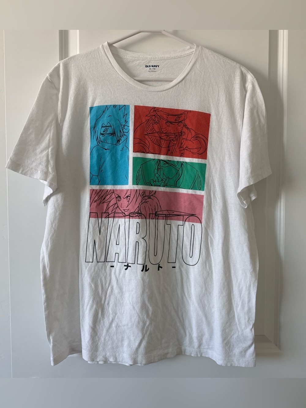 Old Navy White Naruto Panel Graphic Tee with Blue, Red, Green, Pink